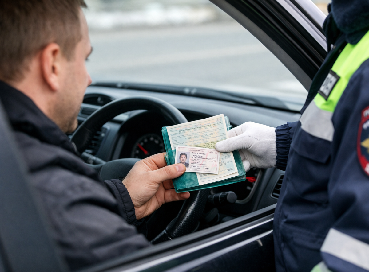 Водитель предоставляет документы для проверки сотруднику ГИБДД