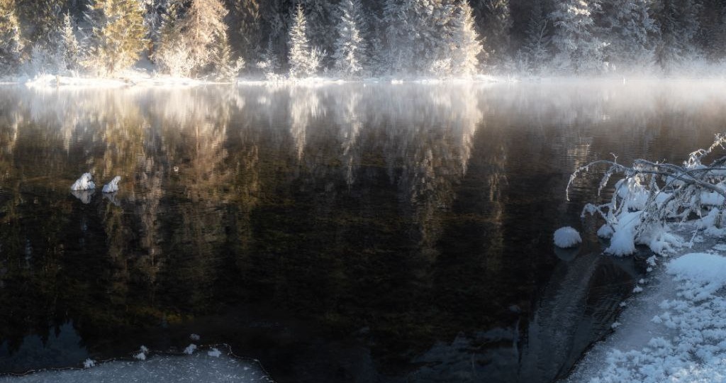 Морозный лес, зеркальная гладь воды и солнечные блики