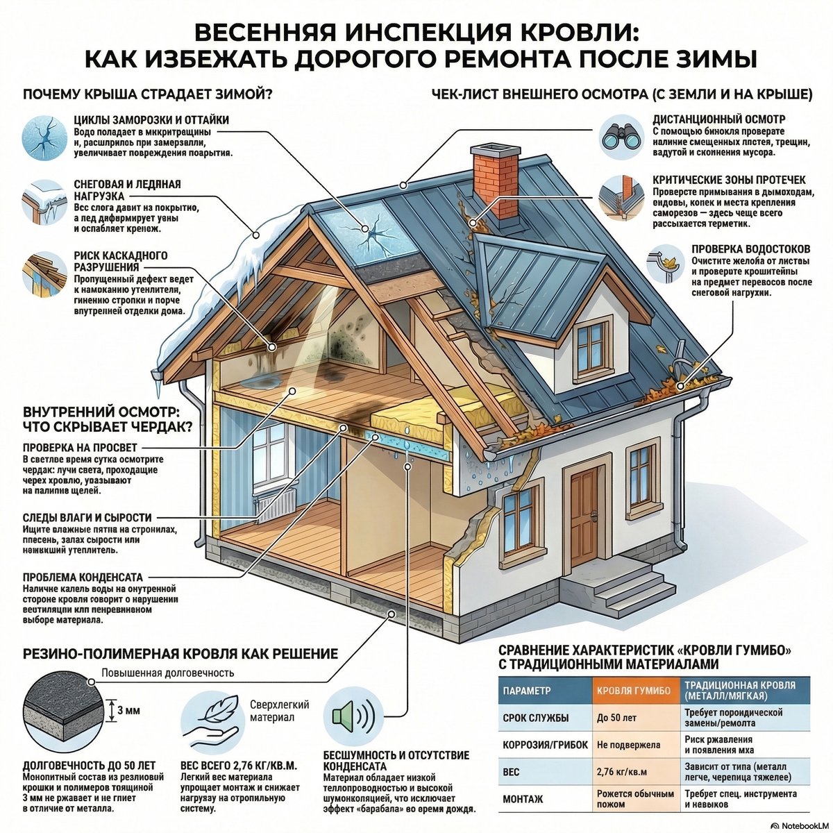Ифографика - чек лист проверки кровли после зимы