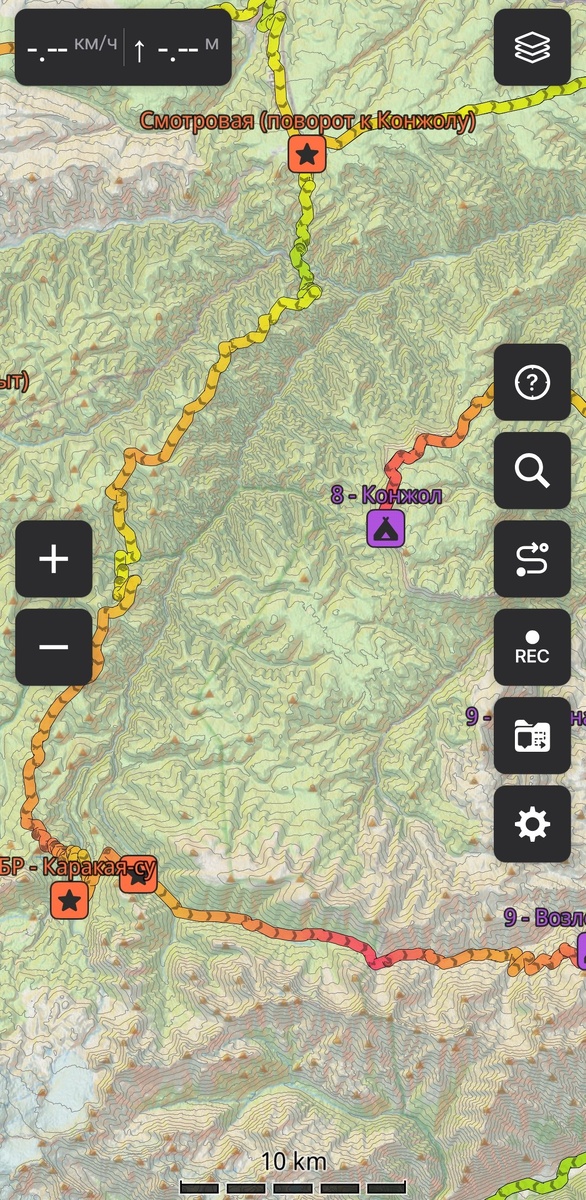 Отображение части маршрута в Guru Maps со включенным отображением изменения высот.