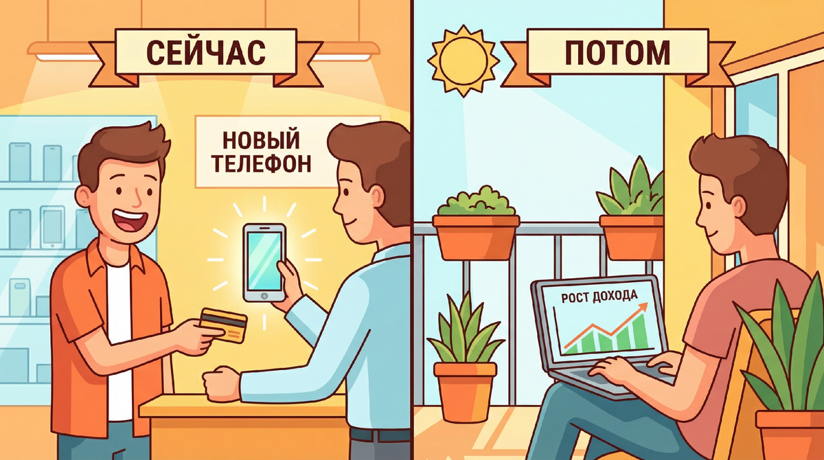 Слева радость от новой покупки которая забудется через неделю. Справа спокойствие человека который подождал и выиграл. Разница только в горизонте мышления.
