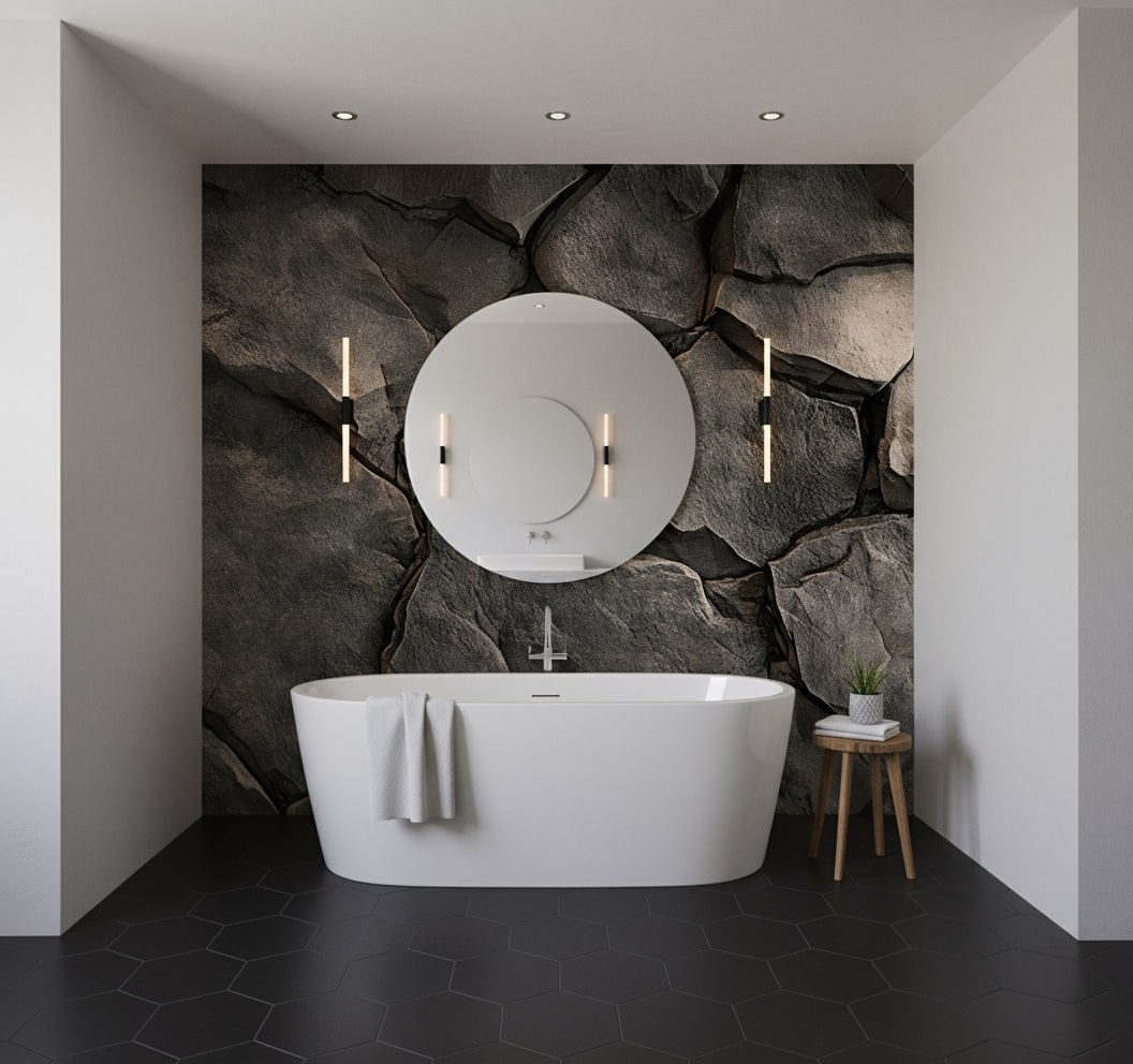 Пример интерьера ванной комнаты с отделкой стены фотообоями VEROL.