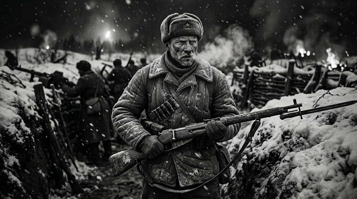 Советский солдат в телогрейке зимой 1941 года под Москвой
