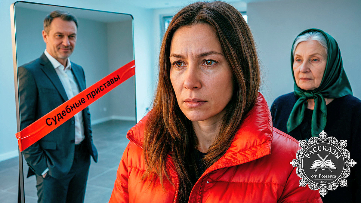 Женщина с темно-русыми волосами и карими глазами, в ярко-красном пуховике, стоит в пустой квартире, на зеркале которой наклеена красная лента судебных приставов. На заднем плане – мужчина в дорогом костюме с насмешливой улыбкой и пожилая женщина в шелковом платке. Фокус на лице женщины, выражающем холодную решимость и скрытую боль.