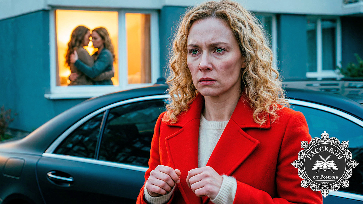 Женщина, в ярко-красном пальто, стоит у дорогой черной машины, глядя на освещенное окно многоэтажки. В ее зеленых глазах отражается ярость и горечь поражения. На заднем плане, в окне, видны силуэты двух женщин, обнимающих друг друга.