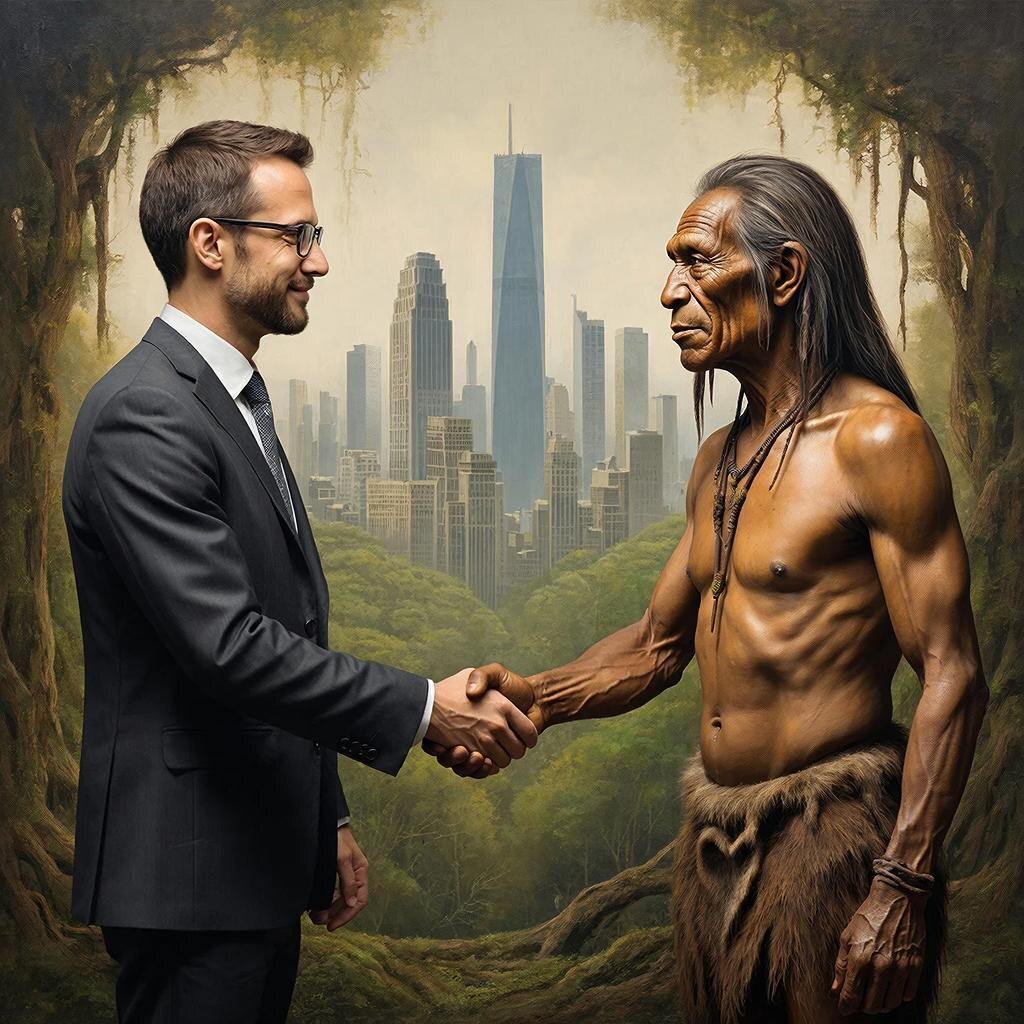 Встреча двух умных людей : первобытного и современного.