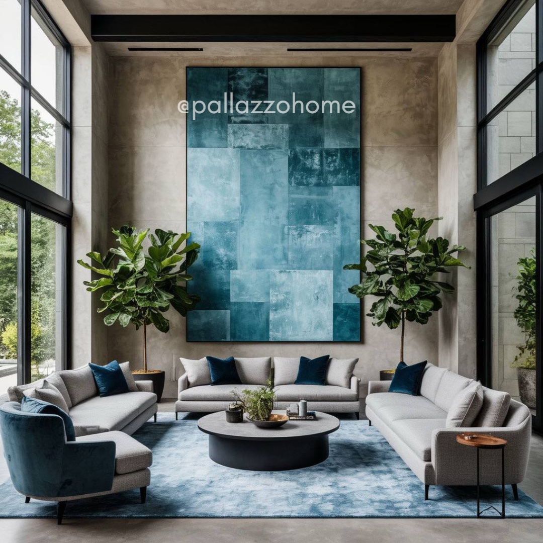 Светлый интерьер гостиной в частном доме с высокими стенами, большим декоративным панно, мягкой мебелью и акцентами синего цвета. На таком примере хорошо видно, как отделка стен в доме и крупные художественные элементы собирают большое пространство.