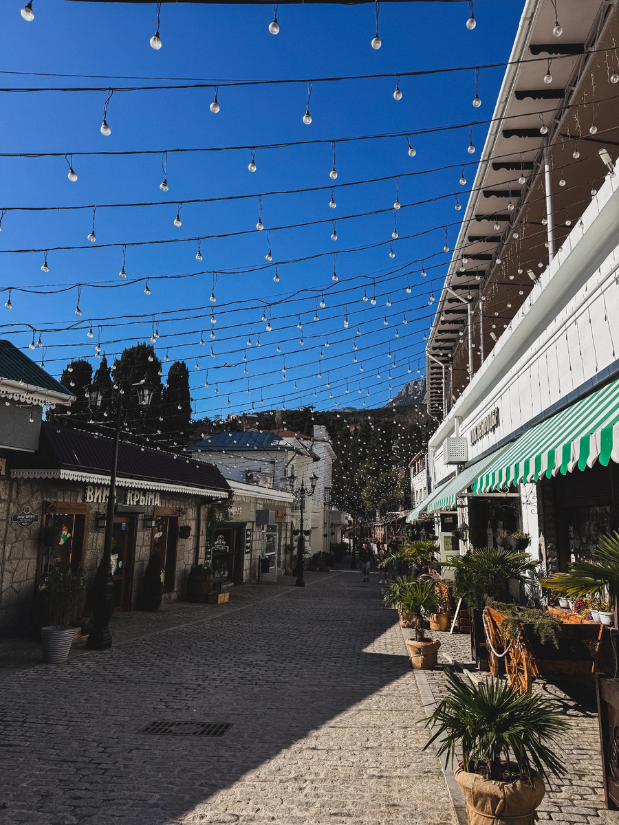 Аккуратно выложенная брусчатка, озеленение и множество лампочек, которые особенно красиво будут выглядеть ночью. 