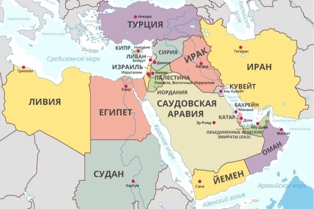    Карта Ближнего Востока с границами стран в 2026 году. Инфографика