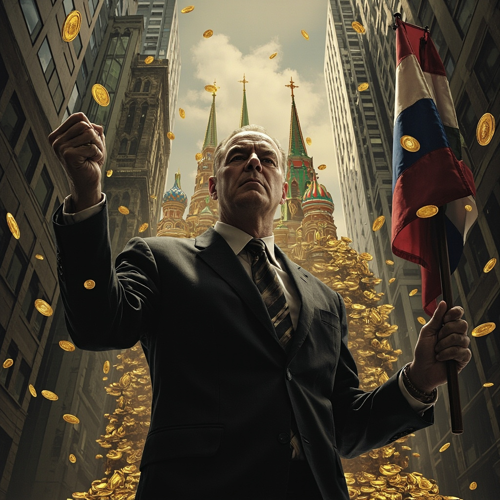  Лощеный чиновник в качестве моста между башнями Кремля и небоскрёбами Уолл-стрит. Вокруг него перекатываются золотые монеты . Одной рукой он пожимает чью-то руку ( тень) , в другой держит российский флаг. 