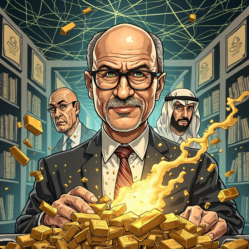  Карикатура на Кирилла Дмитриева , который в высокотехнологичной лаборатории превращает сырую нефть в золотые слитки . На стене - его дипломы, полученные в Гарварде и др. , За спиной - сложная паутина невидимых нитей , соединяющая Москву, Эр-Рияд и Вашингтон. 