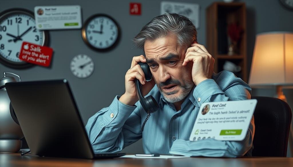    Беспокойный гражданин, получающий тревожный звонок, с элементами, указывающими на цифровые мошенничества.