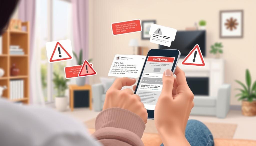    Человек в домашней обстановке, просматривающий социальные сети с подозрительными предложениями.