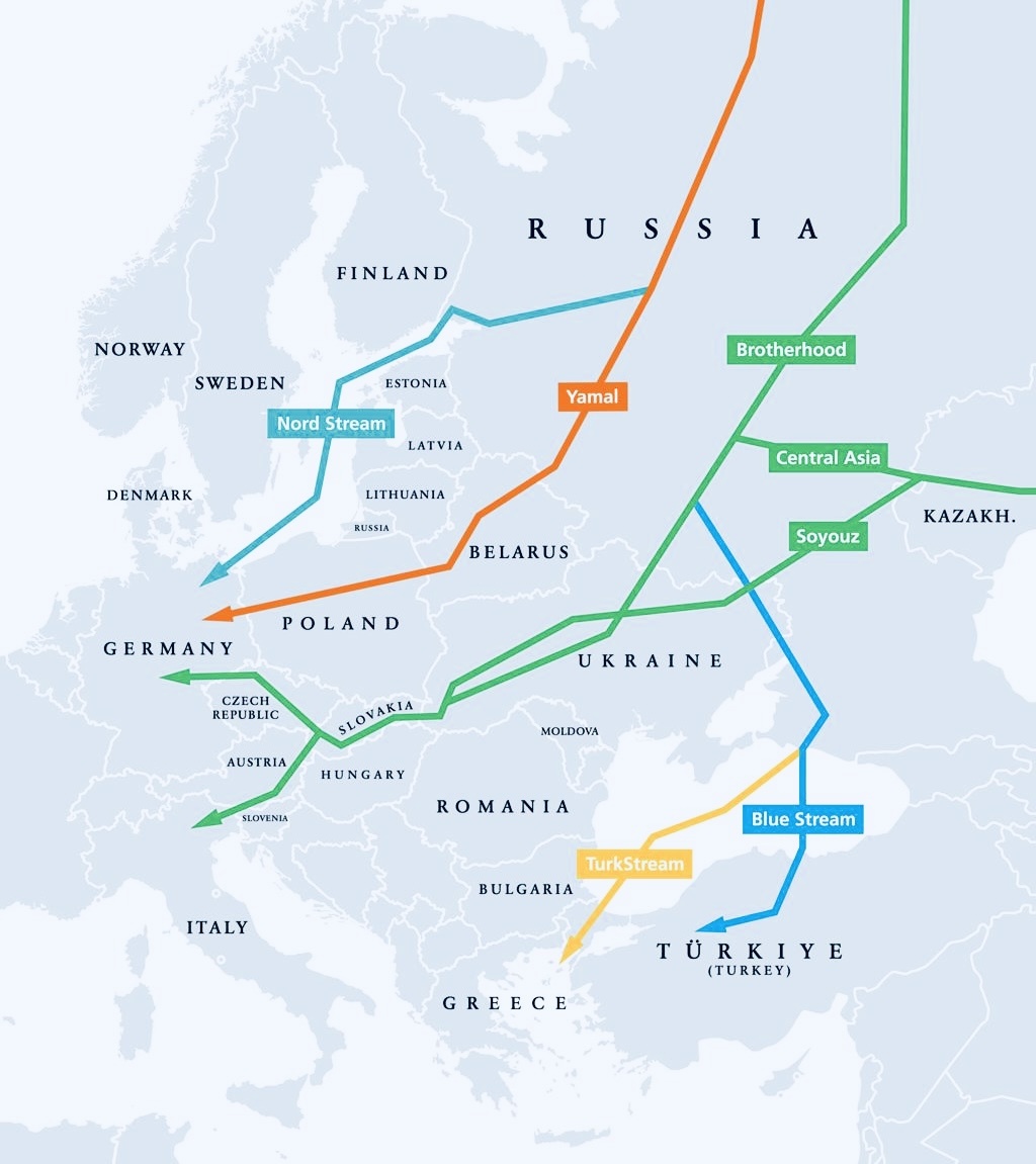 Схема газопроводов из России в Европу 