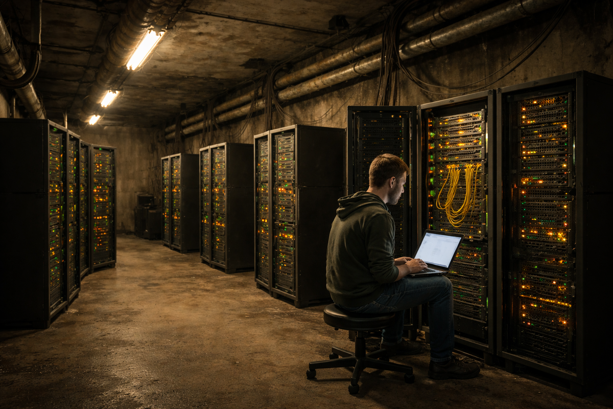 Серверная комната в подвале старого офисного здания.