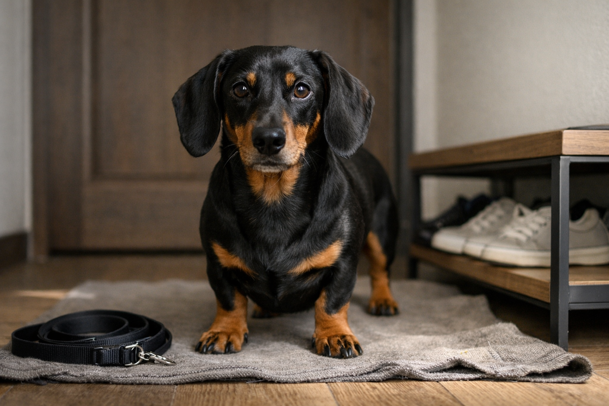 Такса дома - маленькая с виду, но собранная и очень самостоятельная