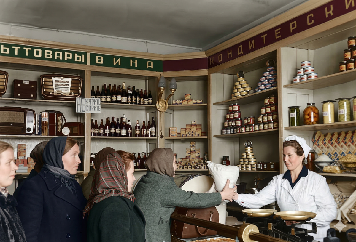 Сельский магазин, продавщица отпускает товар