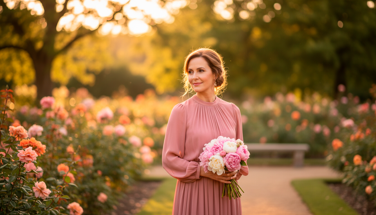 Женщина 50+ с мягким низким пучком, нежное платье, букет в руках, тёплый свет