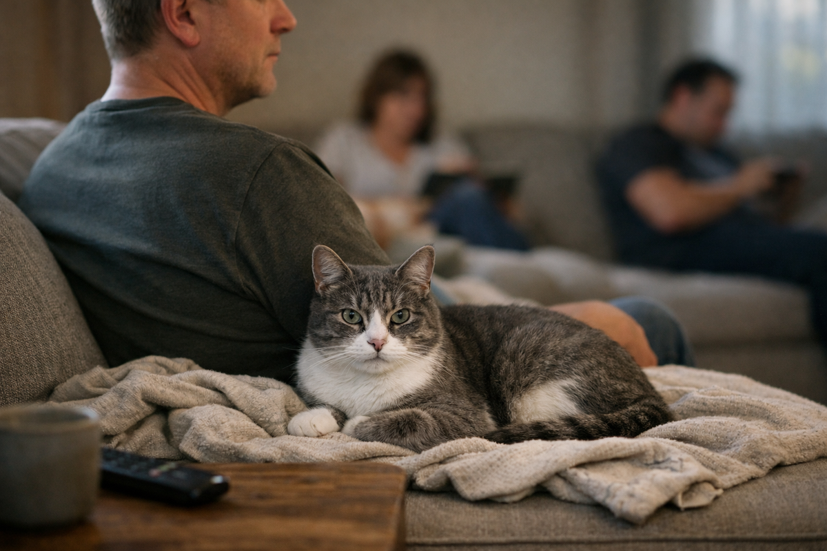 В большой семье кот чаще тянется к тому, рядом с кем ему спокойнее