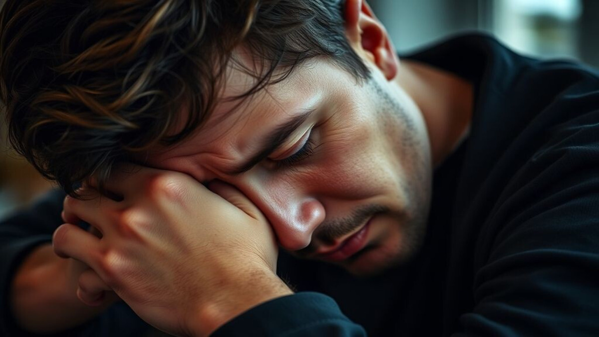 Человек с усталым или задумчивым выражением лица, опирающийся на руки или голову, показывающий признаки усталости.