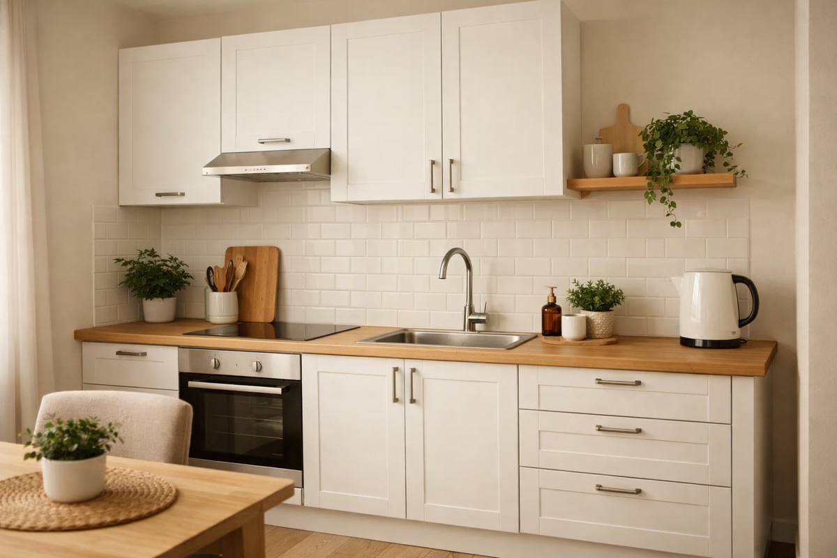 Компактная светлая кухня с небольшим гарнитуром и деревянной столешницей