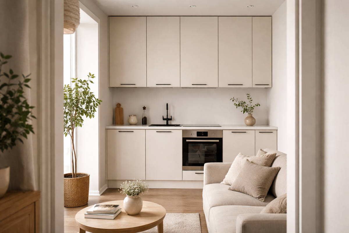 Минималистичная кухня с бежевыми фасадами и компактным гарнитуром