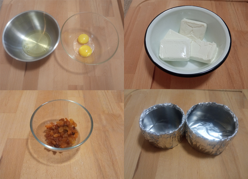 Яйца, творожные сырки 4 шт, изюм, две формочки для бенто-тортов (10см и 12 см) обернутые каждая фольгой