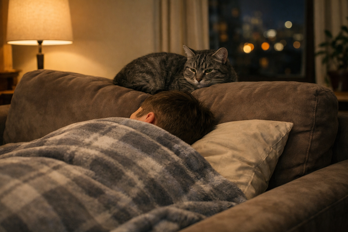 На диване у верхней подушки кошке теплее, тише и спокойнее, чем у ног