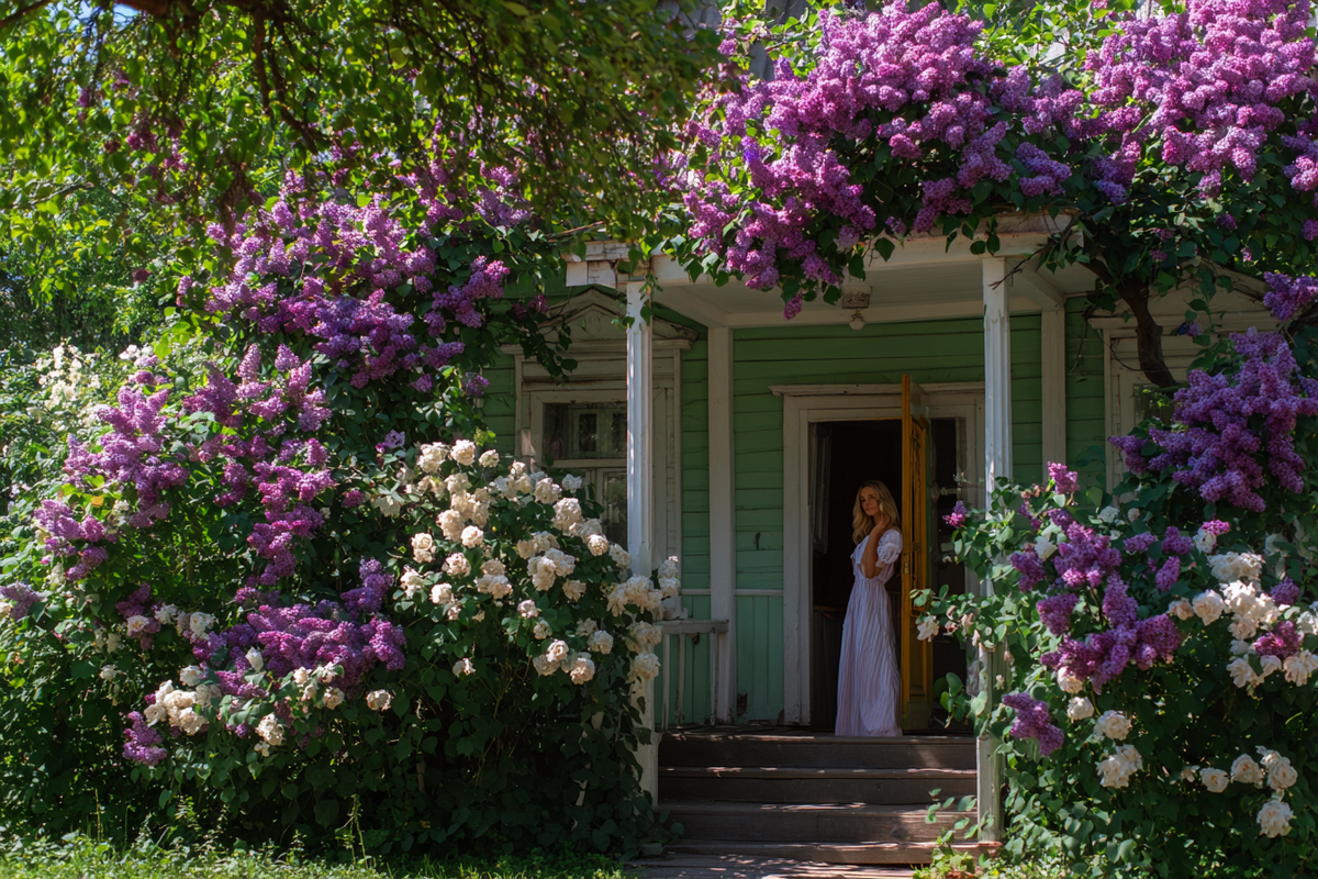 Сад, дом, сирень