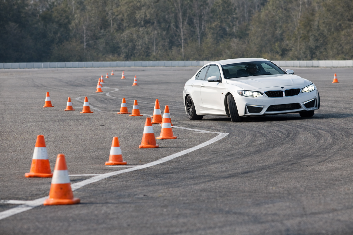 Отработка объезда препятствия на учебной площадке — один из базовых элементов контраварийной подготовки.