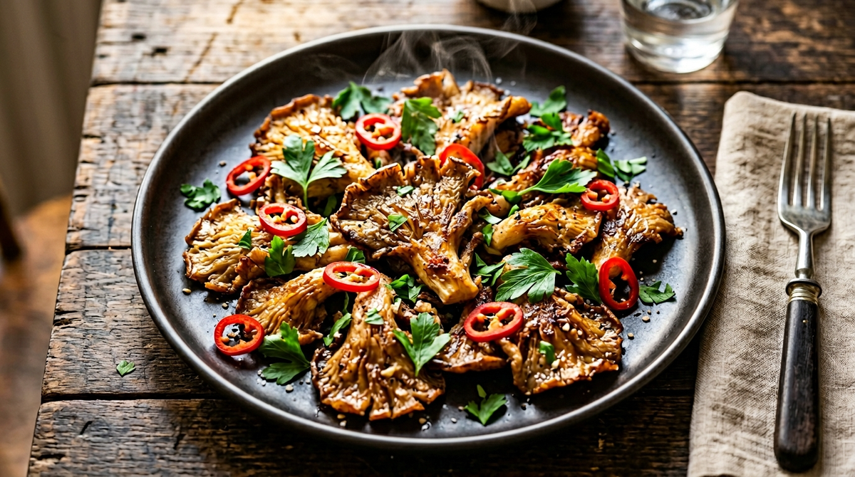 Жареные вешенки с чили и петрушкой за 15 минут