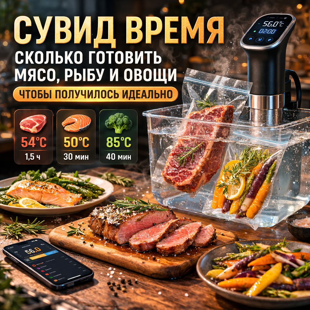 Сувид время: сколько готовить мясо, рыбу и овощи...