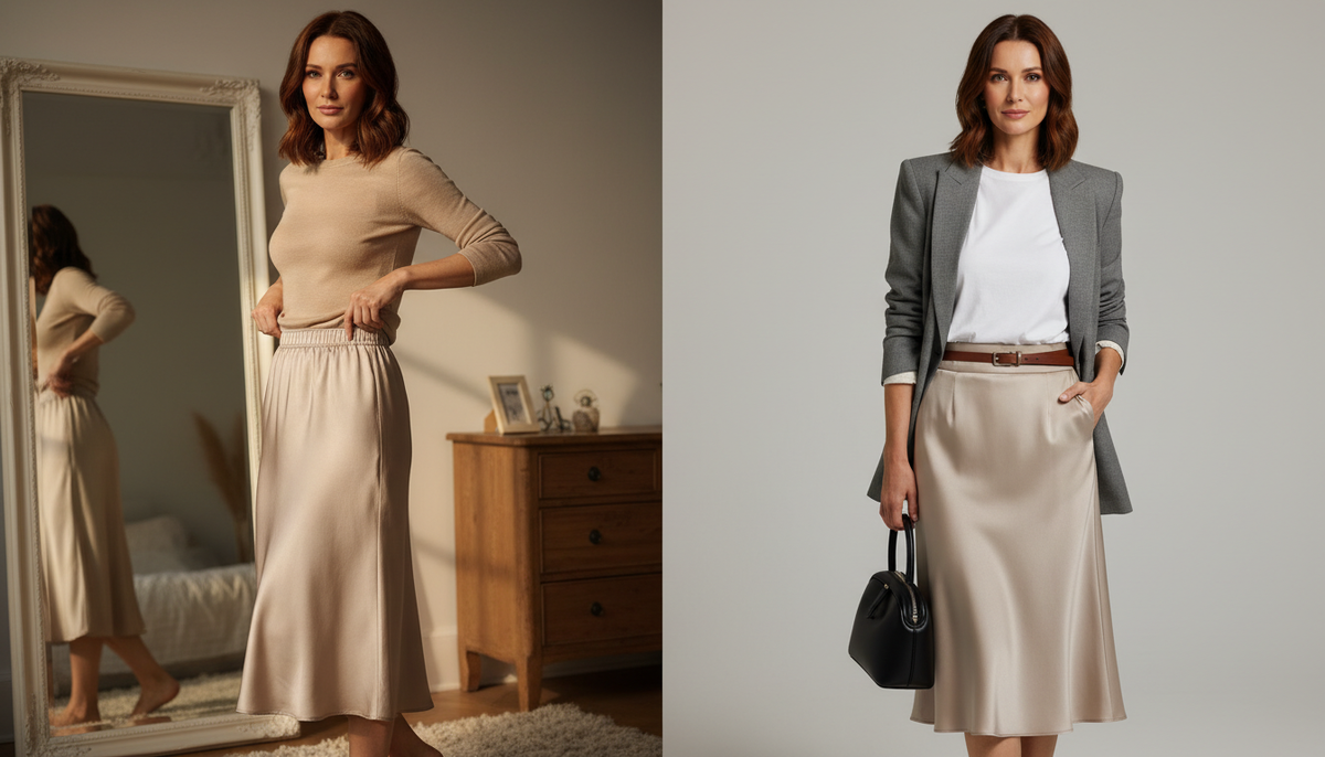 Сравнение: сатиновая юбка на резинке выглядит как домашняя, а с поясом, ремнём и жакетом — собранно и дороже