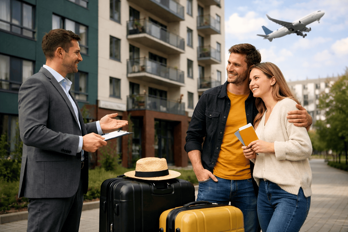 Мужчина и женщина с чемоданами обсуждают продажу квартиры перед переездом за границу рядом с жилым домом