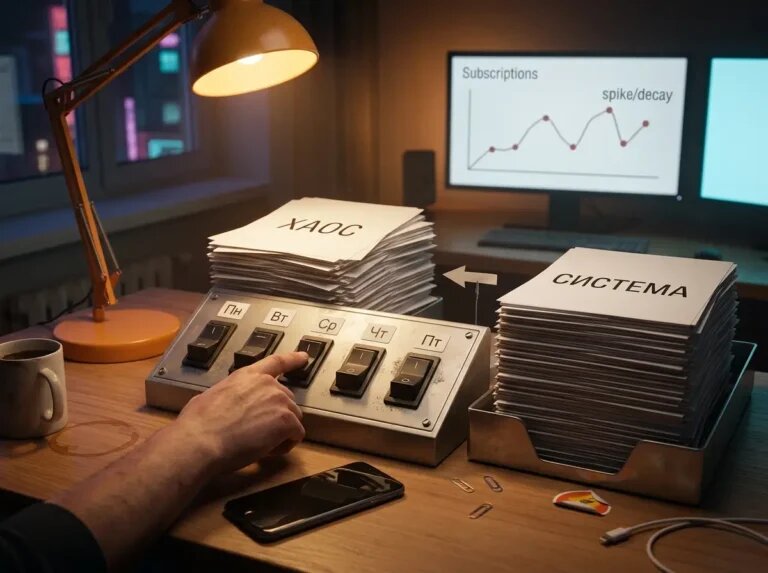    Регулярность как включаемая система: рабочая неделя по тумблерам вместо хаотичных всплесков подписок. "Kontenium"