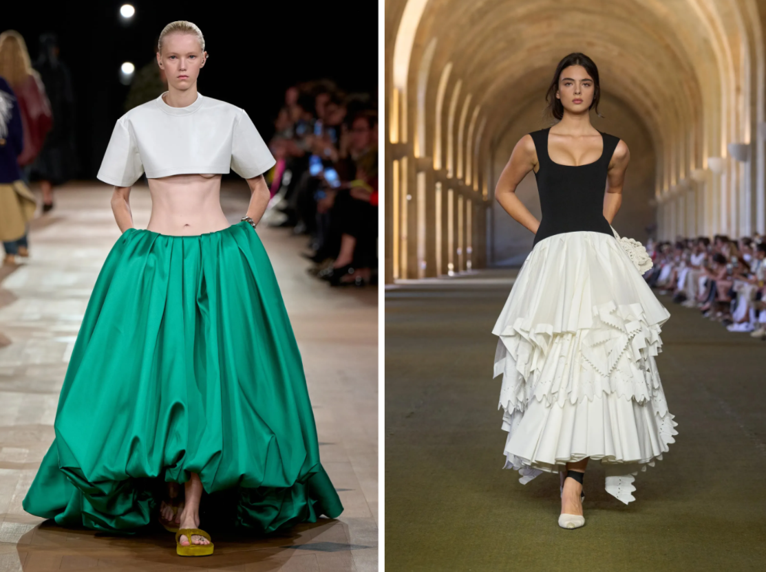 Весна-лето 2026 от Balenciaga (слева) и Дева Кассель в Jacquemus