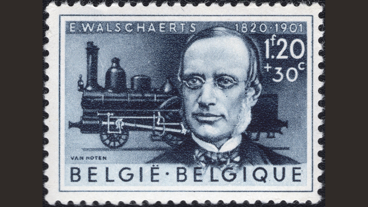 1. Бельгия, 1955 год, № 1024. Эжид Вальсхартс (1820-1901), инженер-конструктор кулисного механизма Вальсхартса для паровозов. Изобретатель. В галерее полная серия (нажмите правую стрелку).
