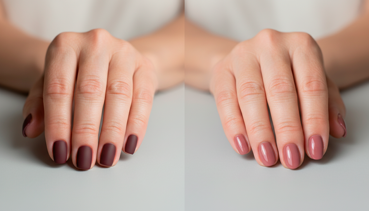 Сравнение: рука с тёмно-бордовым лаком vs рука с пыльно-розовым лаком
