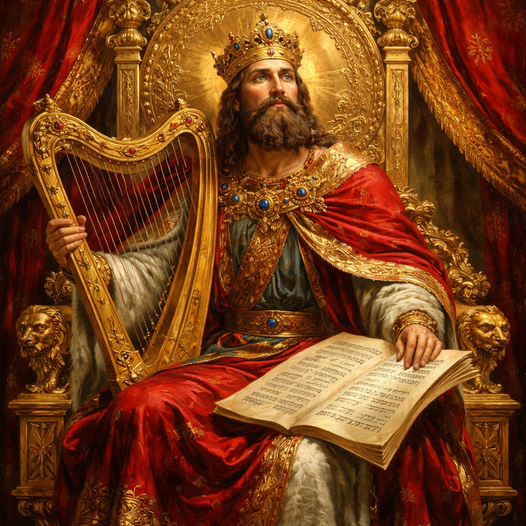 царь Давид, пророк Давид, Псалмы Давида, библейский царь Давид, царь Давид на троне, золотой трон Давида, королевская власть, библейская история, древний Израиль, духовная мудрость, священные псалмы, сила молитвы, византийская традиция, духовная защита, божественная защита, раскрытие врагов, победа справедливости, духовная власть, царская символика, древняя духовная традиция, псалмовая молитва, молитва правителей, защита лидеров, мудрость правителей, божественное руководство, духовная сила, древняя царская молитва