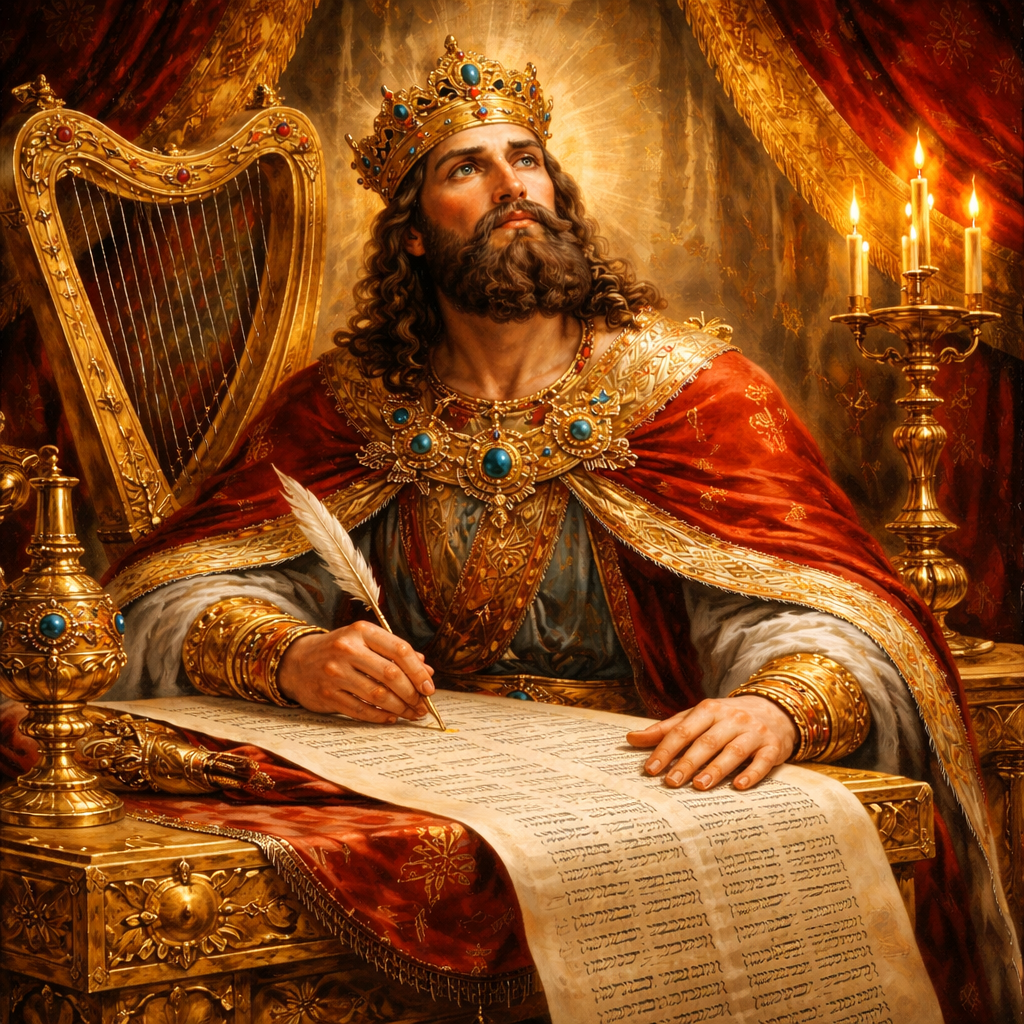 царь Давид пишет псалмы, пророк Давид с пергаментом, Псалмы Давида, написание псалмов, библейская мудрость, священные тексты, древний свиток, пергамент и перо, духовная литература, молитвы Давида, сила псалмов, духовная традиция, библейская история, древняя молитва, византийская духовность, мудрость пророков, божественное вдохновение, священные писания, духовное наследие, псалмовая молитва, молитвенная практика, духовное руководство, древняя вера, священная мудрость, духовный путь, молитва и защита