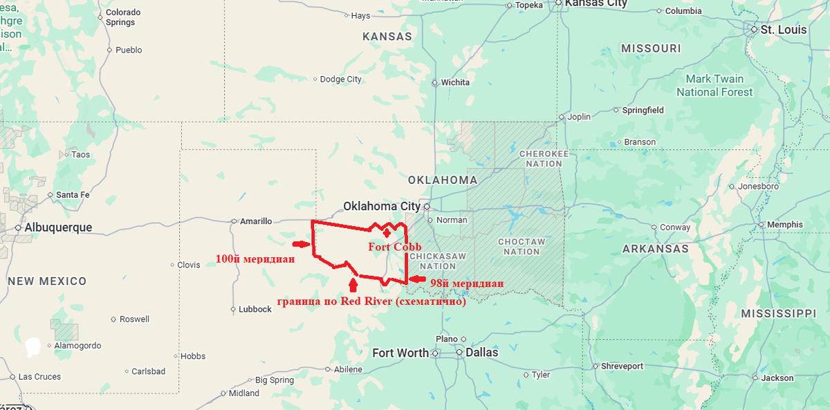 Территория о которой шла речь в Договоре с Кайова, Команче и Апаче от 25.08.1868 (Map borrowed from here: https://www.google.com/maps/@38.4638241,-98.611515,4.42z?entry=ttu&g_ep=EgoyMDI2MDMxMS4wIKXMDSoASAFQAw%3D%3D ; thanks, Google)