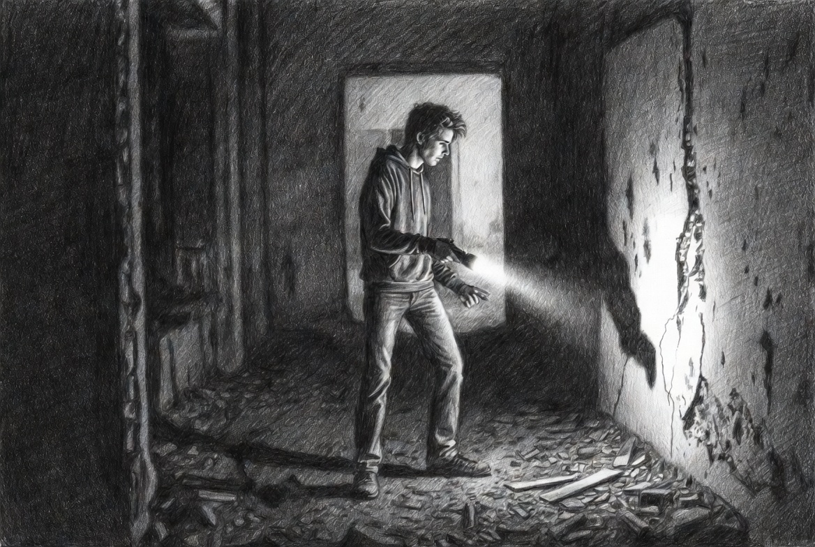 Иллюстрация 2. Дима в своей стихии — заброшка, фонарик и миллионы зрителей за экраном.