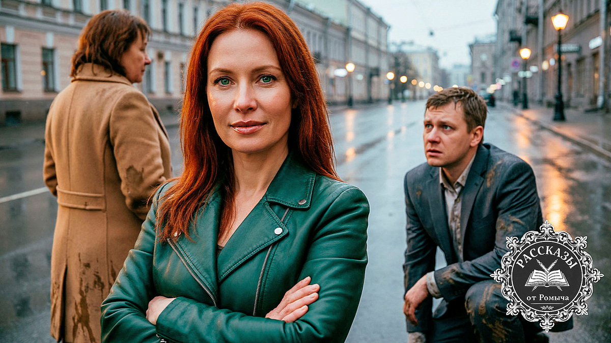 Женщина, с зелеными глазами и яркими медными волосами, одета в темно-зеленую кожаную куртку, стоит со скрещенными на груди руками. На заднем плане на коленях на мокром асфальте стоит мужчина в дорогом, но испачканном костюме, он смотрит на женщину в старом пальто, которая стоит к нему лицом.