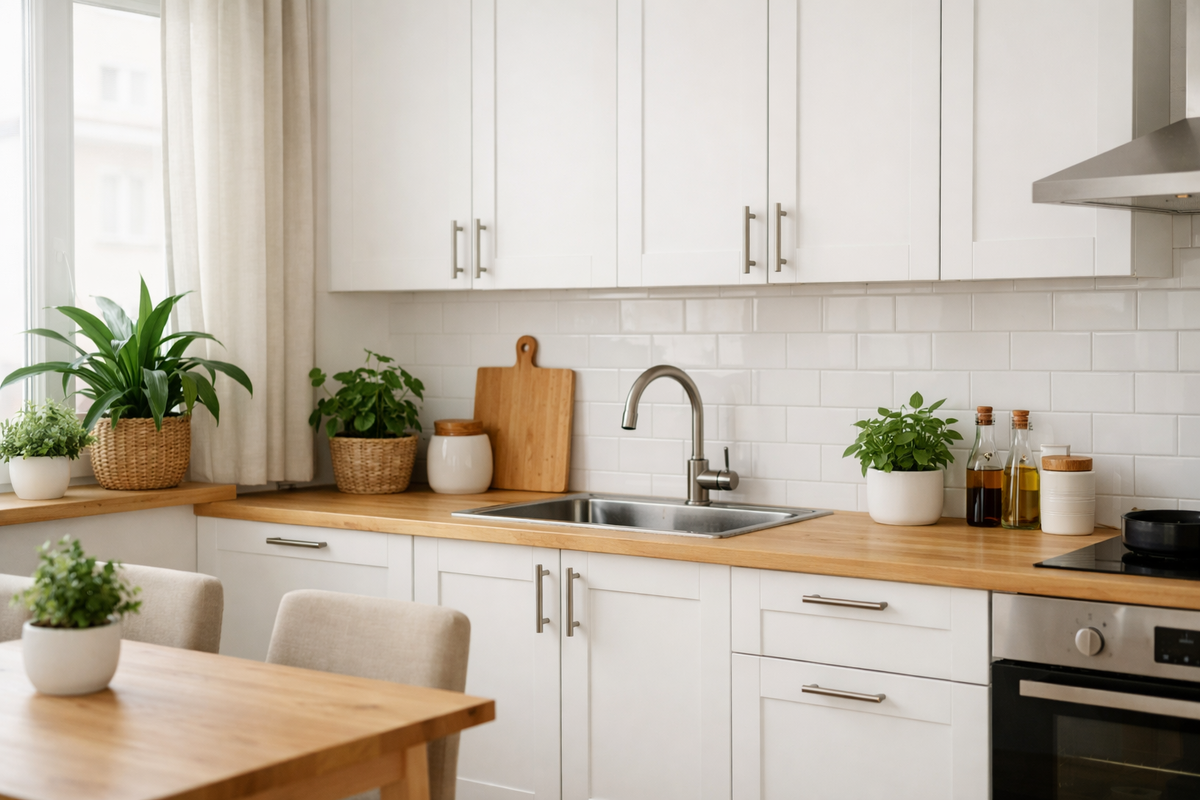 Светлая кухня со врезной раковиной из нержавеющей стали и деревянной столешницей