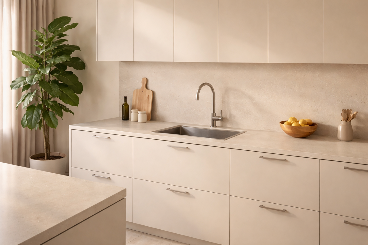 Минималистичная кухня с прямоугольной мойкой из нержавейки в светлой каменной столешнице