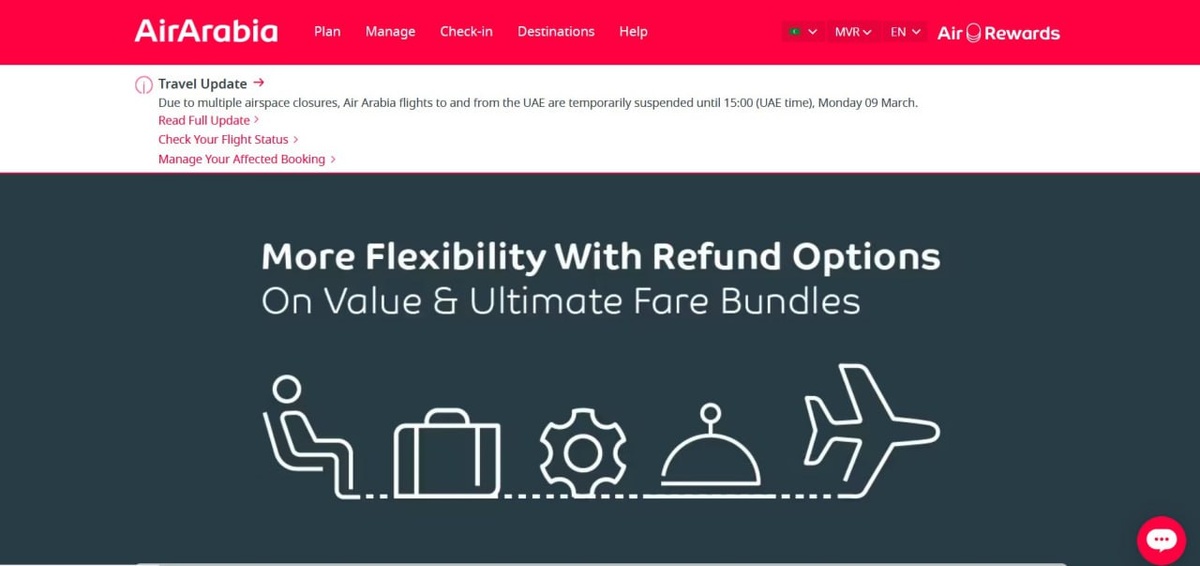Информация об отмене рейса на сайте AirArabia