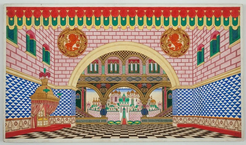 Билибин Иван Яковлевич (Художник). Рисунок. Палаты царя Додона. Эскиз декорации к первому действию оперы Н. А. Римского-Корсакова "Золотой петушок". Из комплекта: Коллекция Потоцкого Мстислава Николаевича. Период создания: 1928. Материал, техника:картон, акварель, карандаш. Размер: 38,5 х 68,5 см. Место создания: Франция. Номер в Госкаталоге: 7465494. Местонахождение: Ивангородский филиал Государственного бюджетного учреждения культуры Ленинградской области "Музейное агентство" - Ивангородский музей.