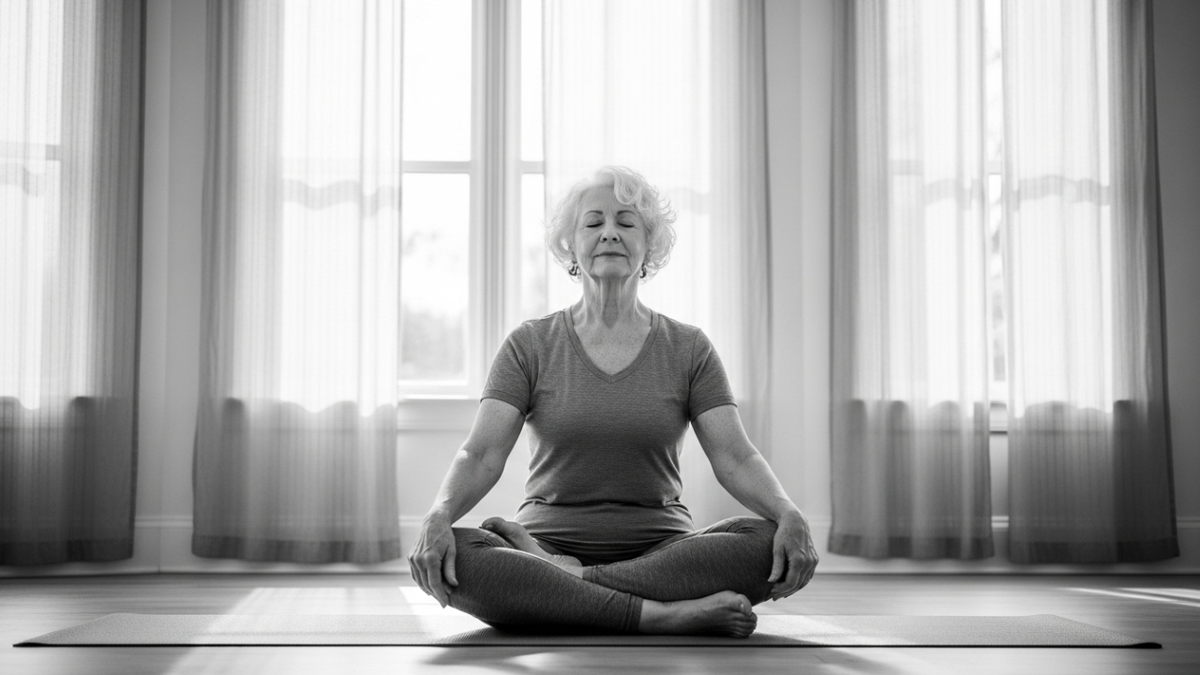 Пожилая женщина занимается йогой в светлой комнате: она в удобной позе на коврике, рядом большое окно с лёгкими занавесками.