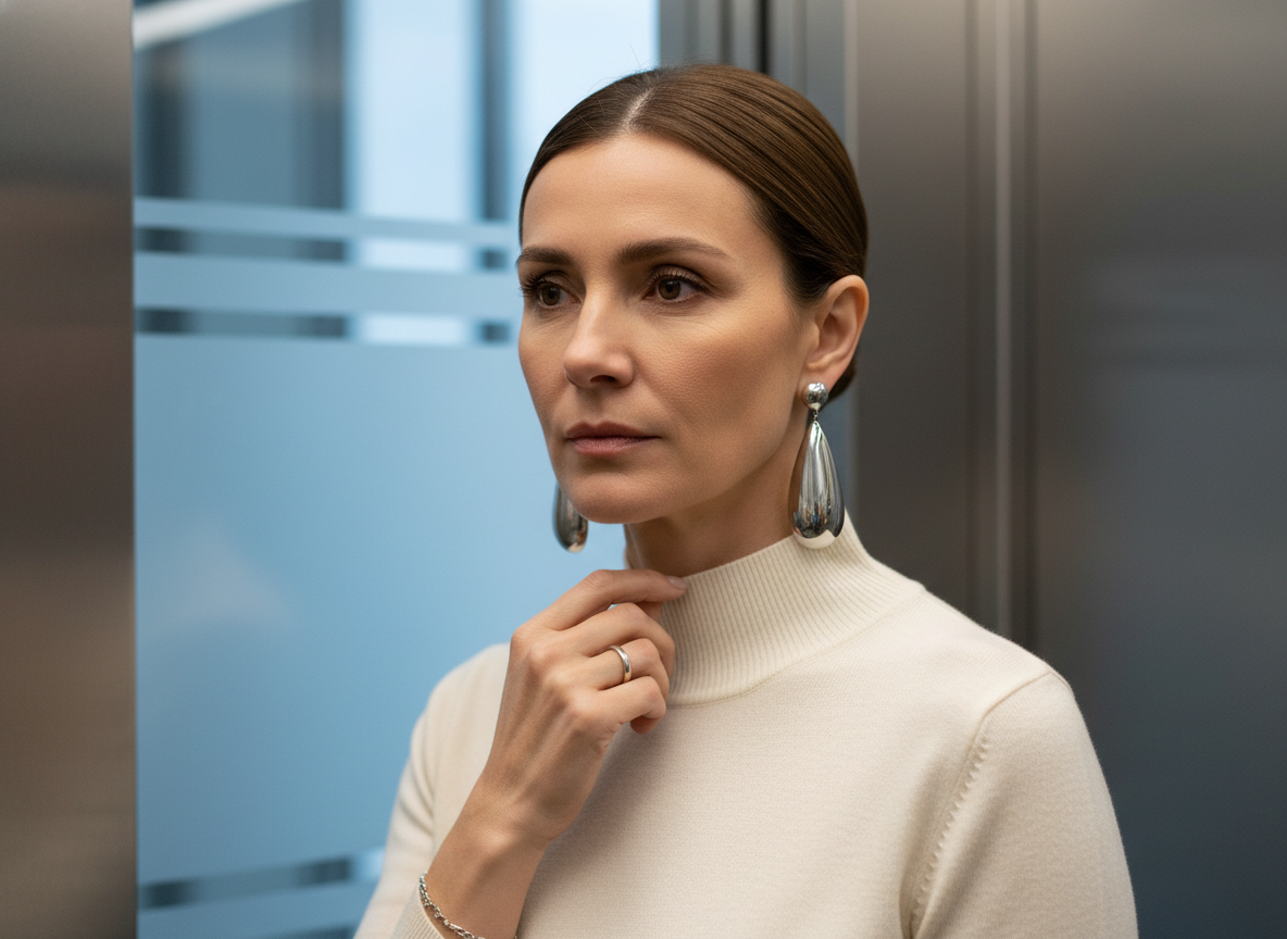 Женщина 40+ с гладким пучком и серьгами-каплями до линии челюсти: взгляд тянется вниз и утяжеляет овал