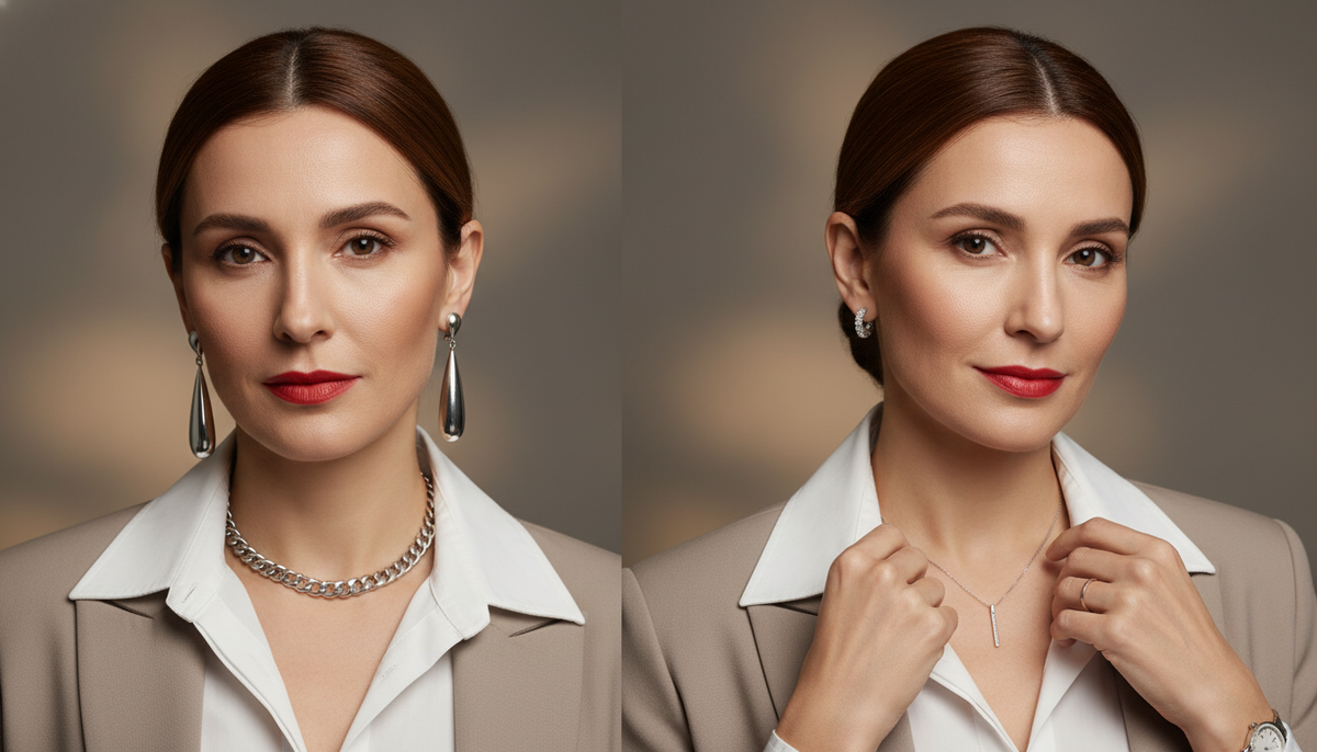 Сплит-кадр: женщина 40+ в рубашке с «тяжёлыми» украшениями и с лёгкими, где лицо выглядит свежее